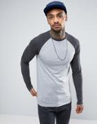 Asos Long Sleeve Muscle T-shirt With Contrast Raglan Sleeves In Grey Marl/charcoal Marl - Multi