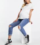New Look Maternity Ripped Mom Jean In Mid Blue-blues