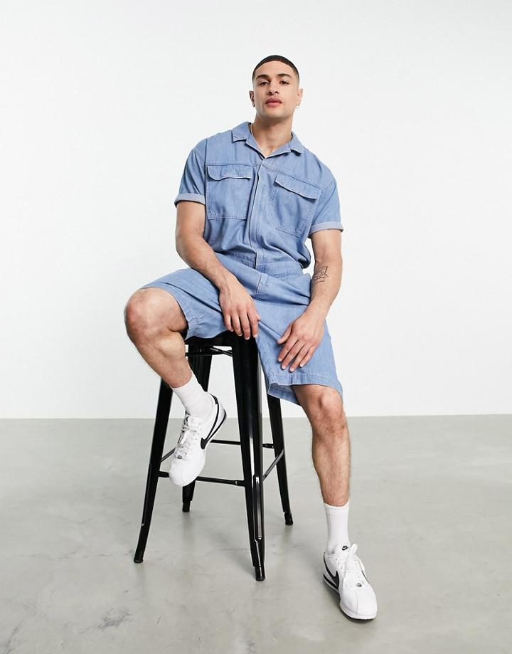 Asos Design Denim Short Boilersuit In Blue With Pocket Detail-blues