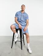 Asos Design Denim Short Boilersuit In Blue With Pocket Detail-blues