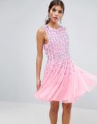 Asos Salon Pink Floral Embellished Mesh Fit And Flare Mini Dress - Pink