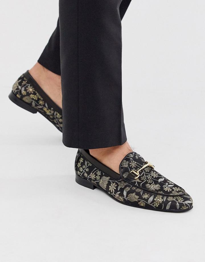 Walk London Jude Bar Loafers In Yellow Brocade - Black