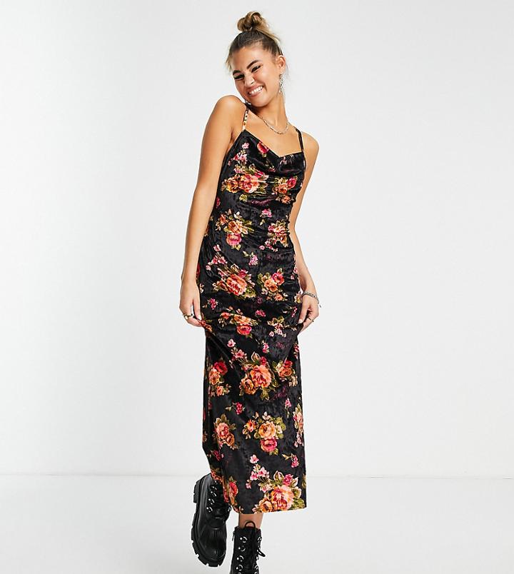 Collusion Crushed Velvet Cami Midi Dress In Floral Print-multi