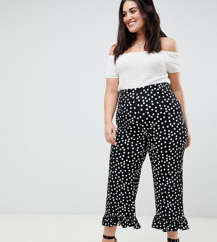 Asos Design Curve Pants With Fluted Ruffle Hem In Polka Dot - Black