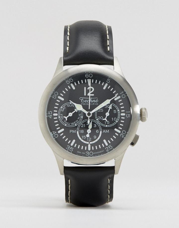 Techne Merlin Chronograph Leather Watch In Black - Black