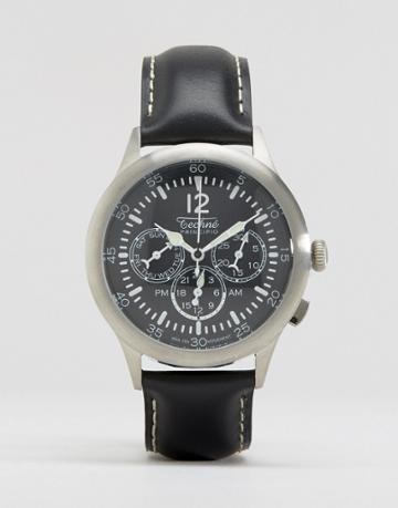 Techne Merlin Chronograph Leather Watch In Black - Black