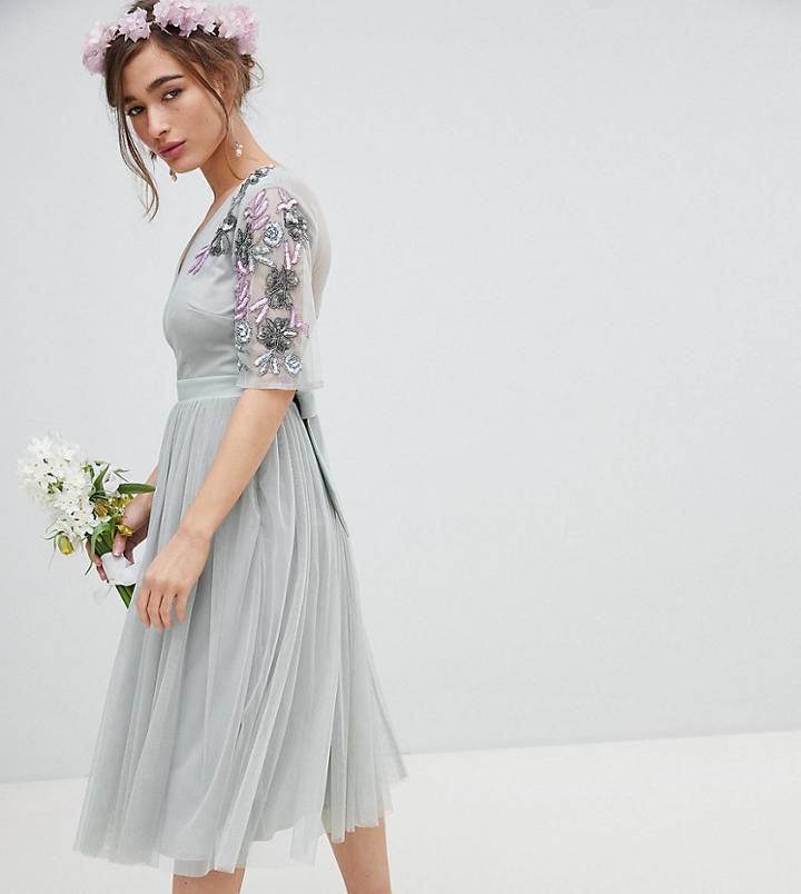 Maya Petite Embellished Tulle Sleeve Midi Tulle Dress - Green