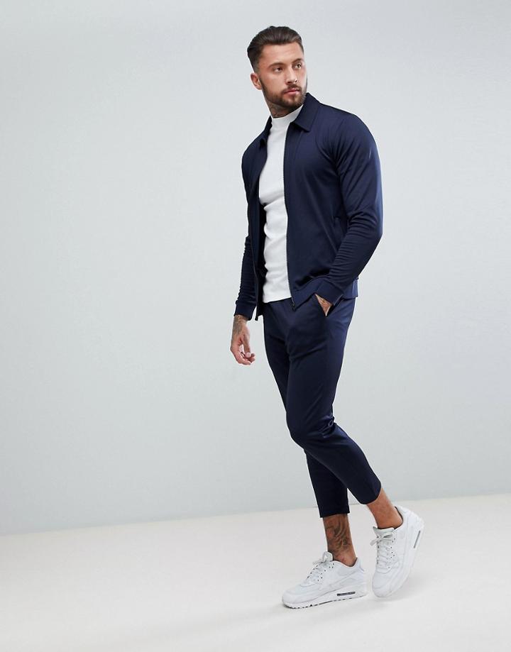 Asos Tracksuit Harrington Jacket/ Skinny Jogger In Navy Poly Tricot - Navy