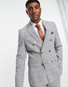 Harry Brown Light Gray Checked Double Breasted Slim Fit Suit Jacket