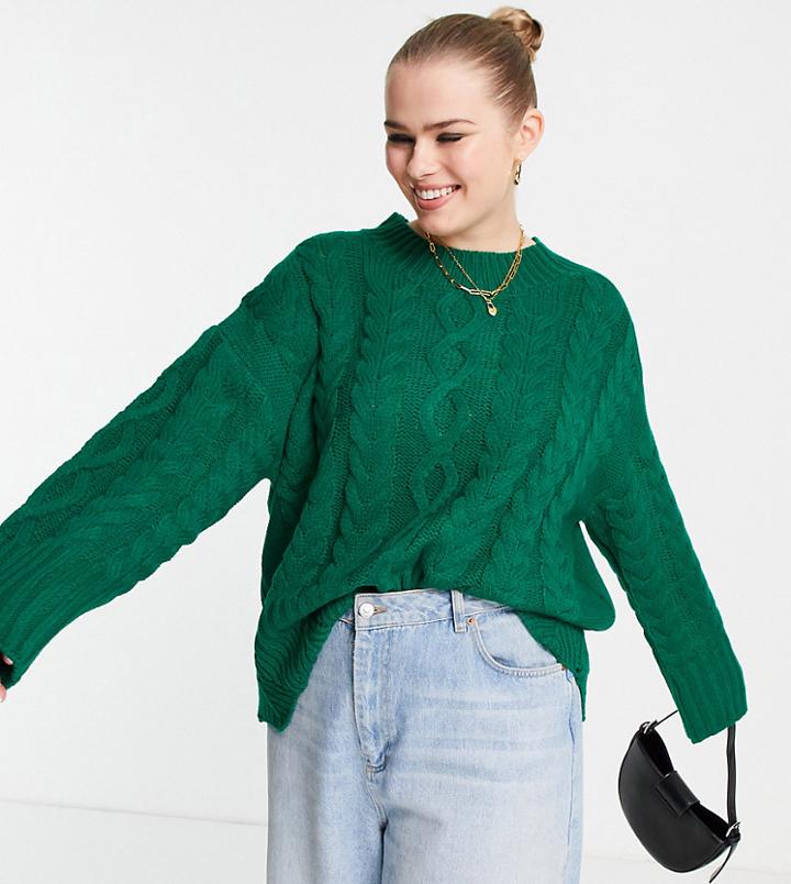 Mango Curve Cable Knit Sweater In Green