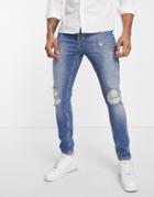Topman Blowout Stretch Skinny Jeans In Mid Wash-blues