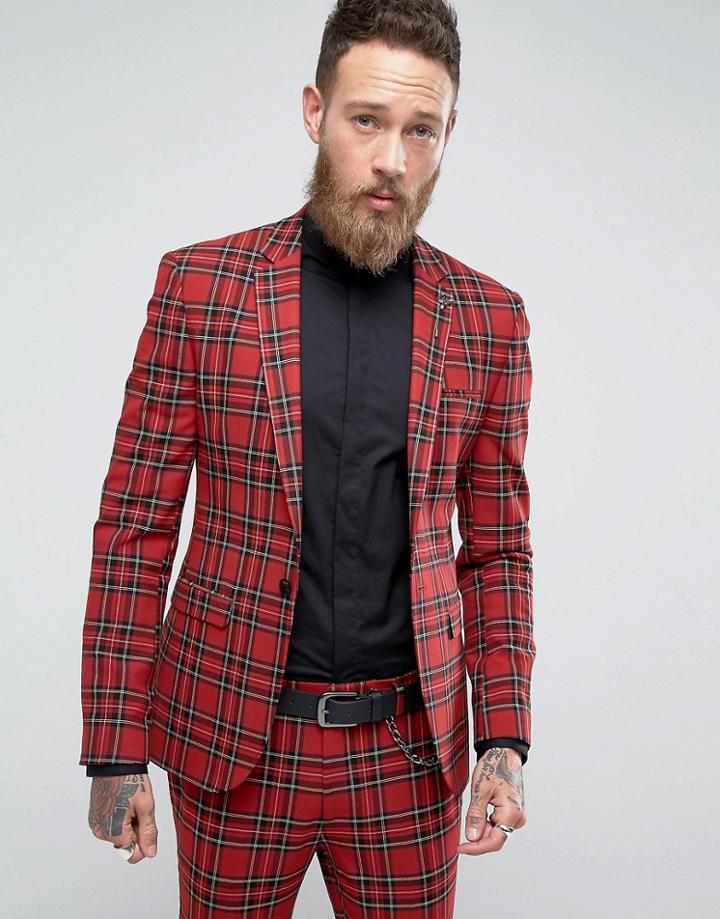Asos Super Skinny Suit Jacket In Plaid - Red