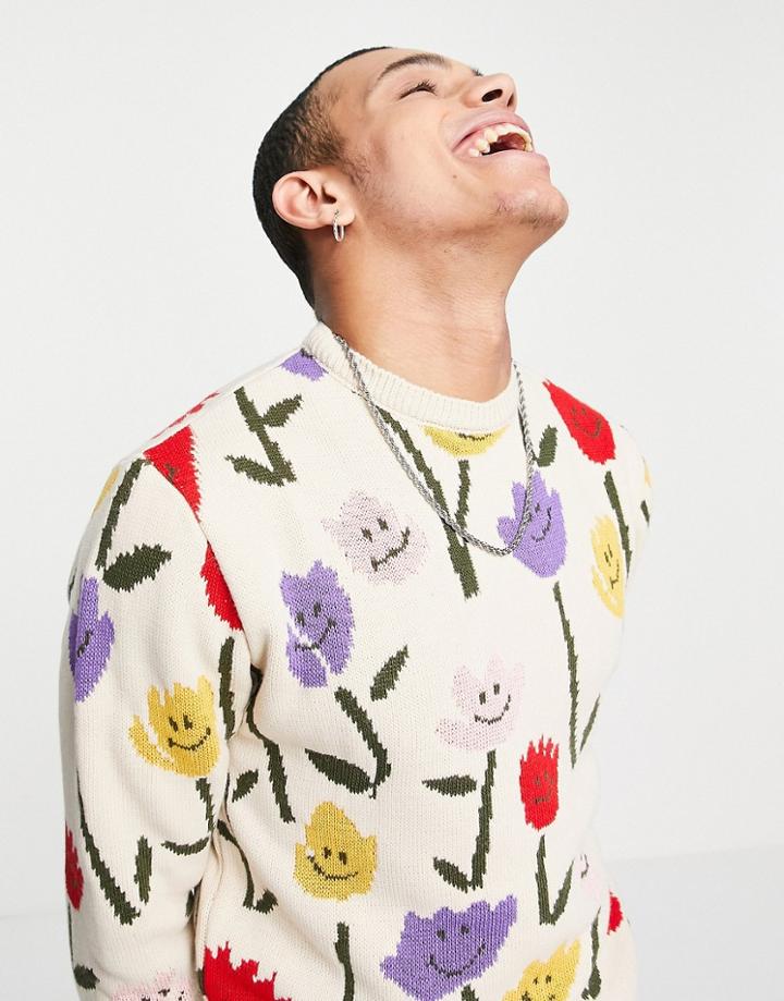Asos Design Knitted Oversized Sweater With Happy Flowers-multi