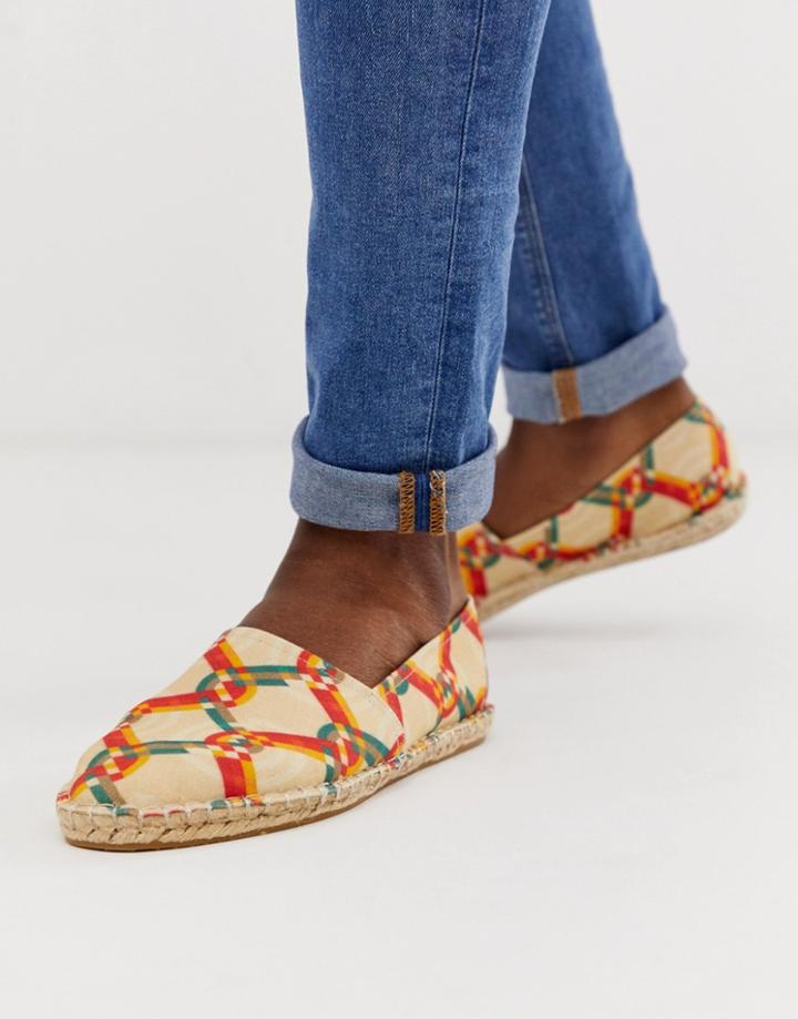 Asos Design Espadrilles In Stone Canvas With Retro Print