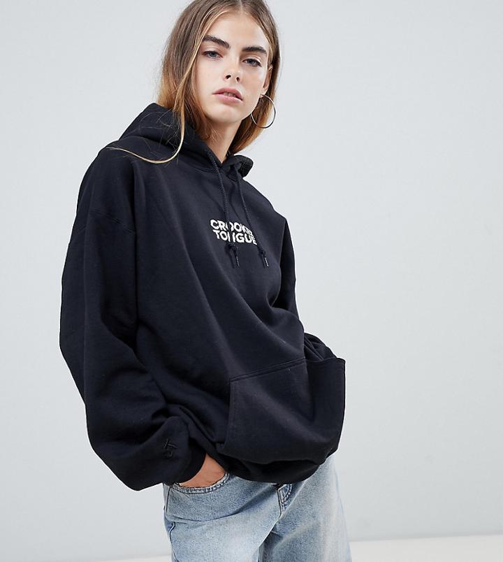 Crooked Tongues Oversized Hoodie With Logo Print In Black - Black