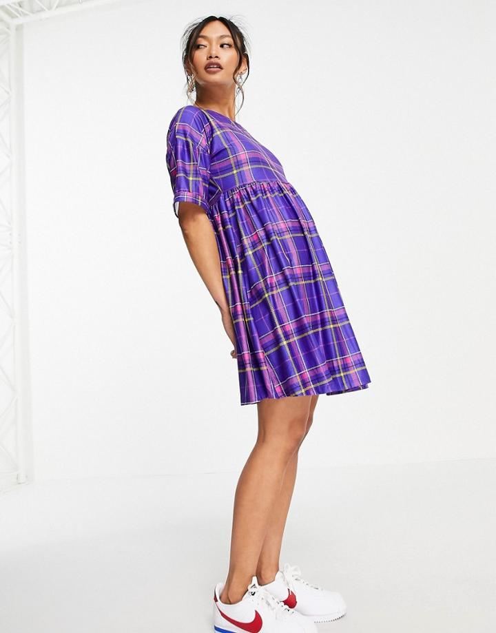 Urban Threads Smock Check Print Mini Dress In Purple