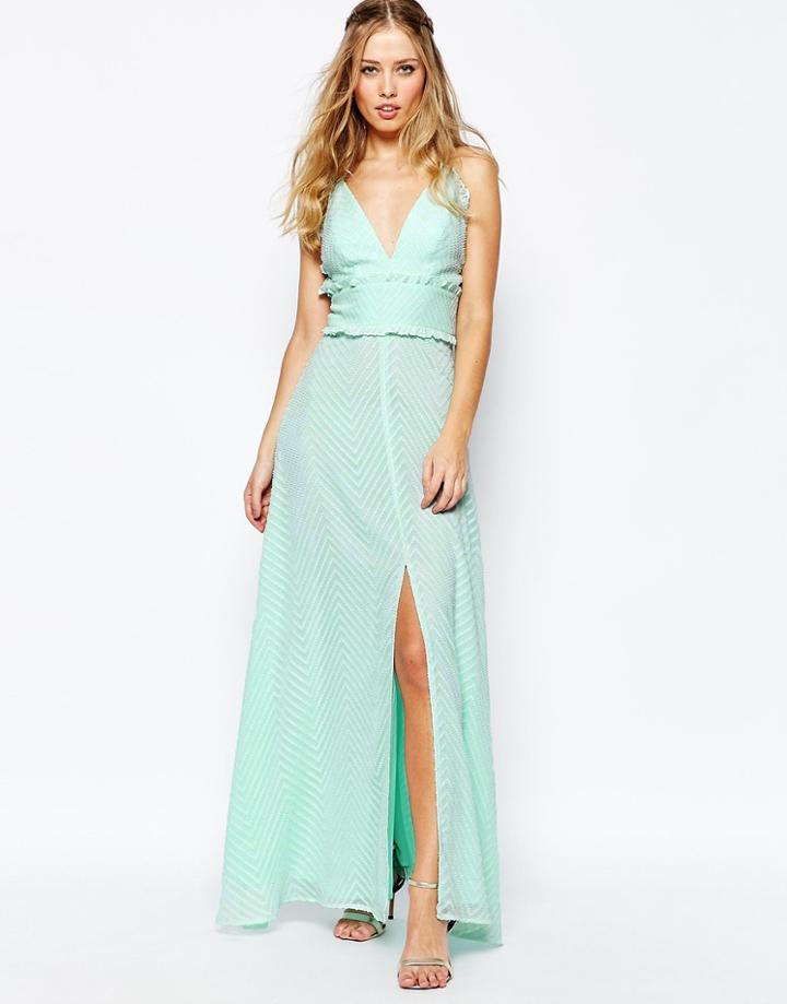 Jarlo V Front Maxi Dress With Frill Detail And Center Split - Mint Green