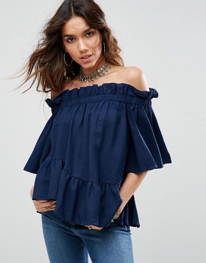 Asos Off Shoulder Top With Asymmetric Ruffle Hem - Black