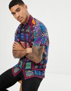 Asos Design Regular Fit Geo-tribal Printed Shirt In Viscose - Black
