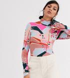 Monki Abstract Print Turtleneck Long Sleeve Jersey Top In Pink