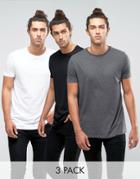 Asos 3 Pack Longline T-shirt With Crew Neck In White/black/charcoal -