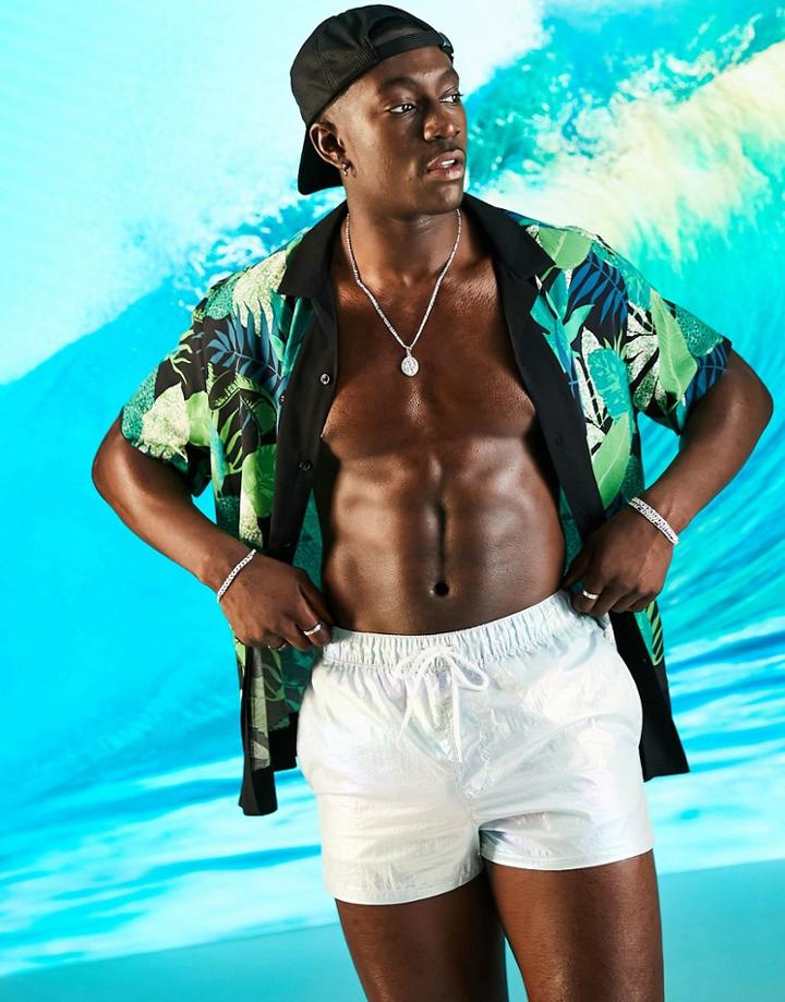 Asos Design Swim Shorts In Green Metallic Super Short Length