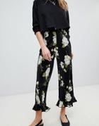 Miss Selfridge Floral Printed Plisse Ruffle Hem Pants - Black