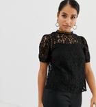 Fashion Union Petite Short Sleeved Lace Top-black