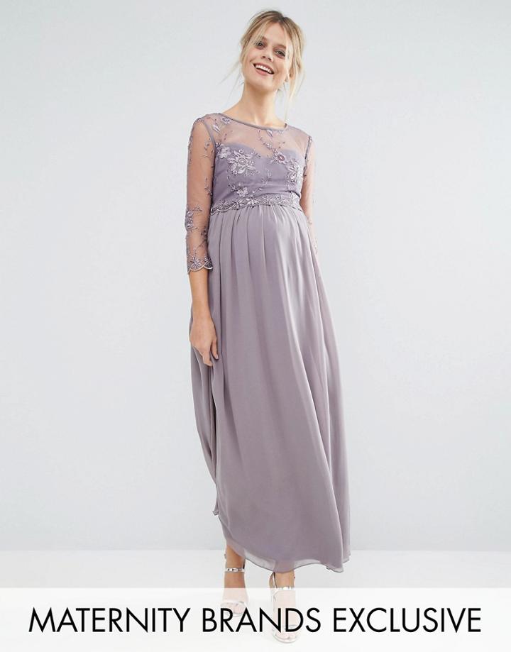 Little Mistress Maternity Floral Applique Overlay Maxi Dress - Gray