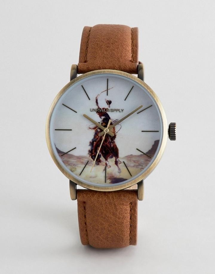 Asos Design Watch In Brown And Gold With Painted Rodeo Print - Tan
