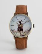 Asos Design Watch In Brown And Gold With Painted Rodeo Print - Tan