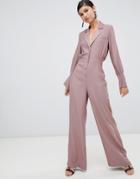 Asos Design Minimal Tux Jumpsuit With Wide Leg And Satin Detail - Pink