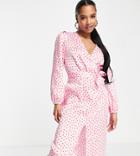 River Island Petite Polka Dot Tie Front Midi Dress In Pink
