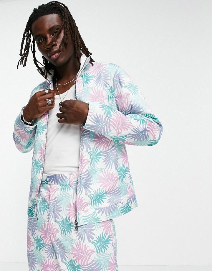 Asos Design Smart Track Jacket With Palm Print In Pastel Blue - Part Of A Set-blues