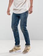Asos Skinny Jeans In Vintage Dark Wash Biker With Chunky Zips - Blue