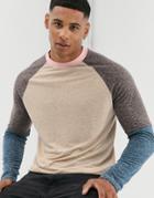 Asos Design Long Sleeve Raglan T-shirt In Linen Mix With Color Block-beige