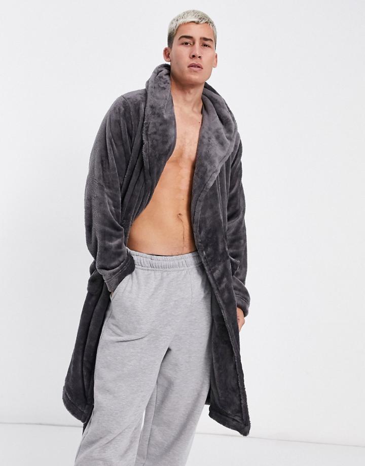 Asos Design Lounge Dressing Gown In Charcoal Fleece-grey