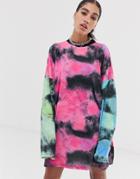 The Ragged Priest Long Sleeve T-shirt Dress In Mixed Tie Dye-pink