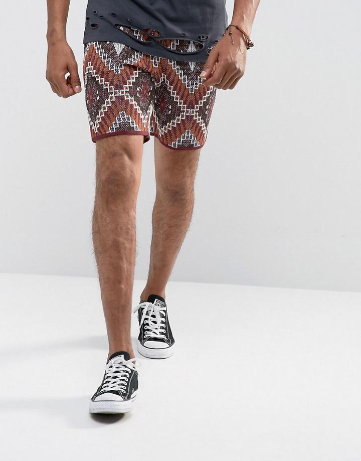 Asos Knitted Shorts In Tapestry Design - Brown