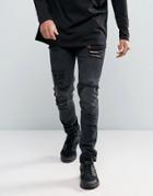 Asos Design Skinny Jeans In 12.5oz With Mega Rips In Washed Black - Black