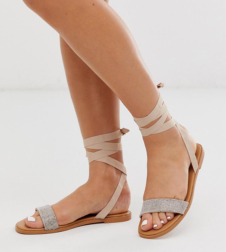 Asos Design Wide Fit Flawless Embellished Tie Leg Sandals - Beige