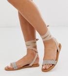 Asos Design Wide Fit Flawless Embellished Tie Leg Sandals - Beige