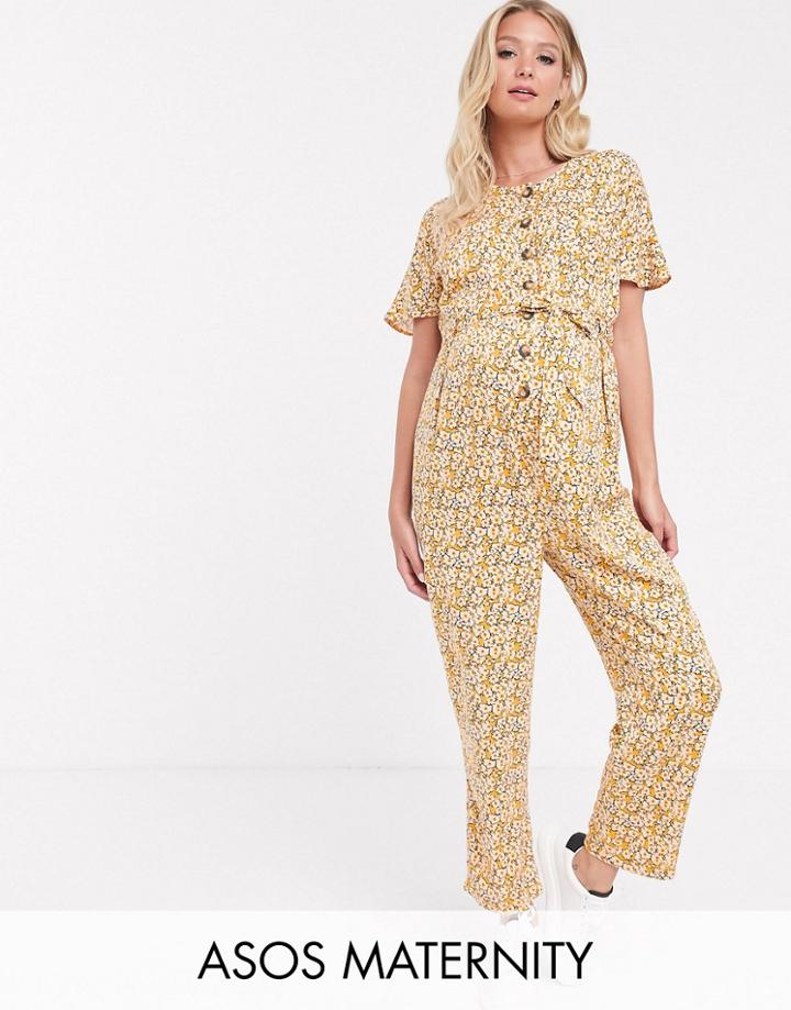 Asos Design Maternity Button Front Jumpsuit In Vintage Floral Print - Multi
