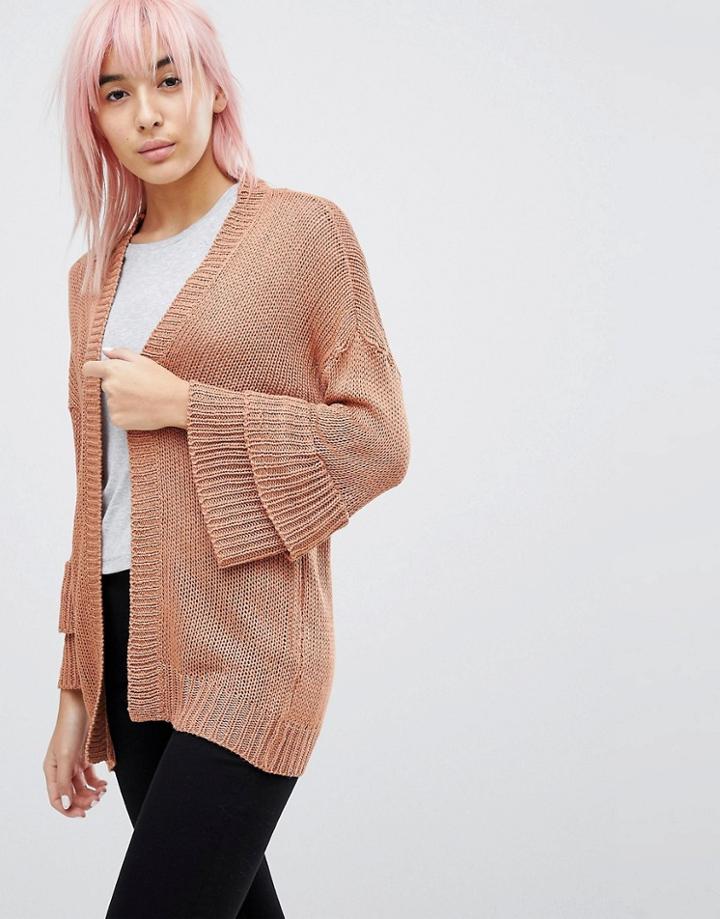 Brave Soul Frill Sleeve Cardigan In Chenille-neutral