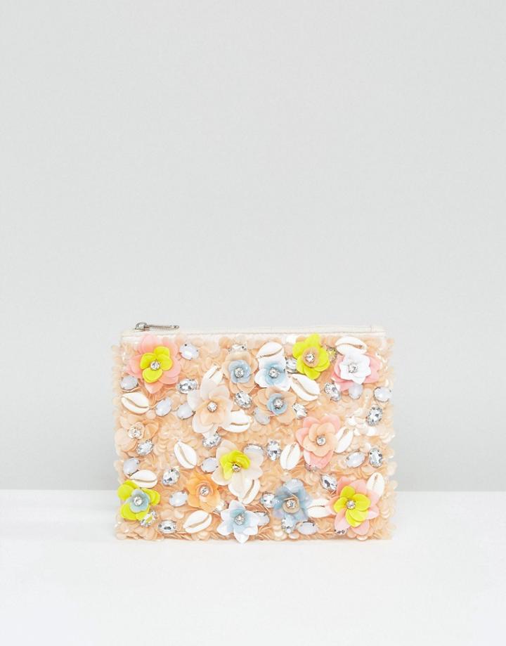 True Decadence 3d Flower Zip Top Clutch Bag - Multi