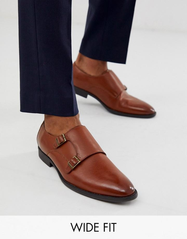 Asos Design Wide Fit Monk Shoes In Faux Tan Leather
