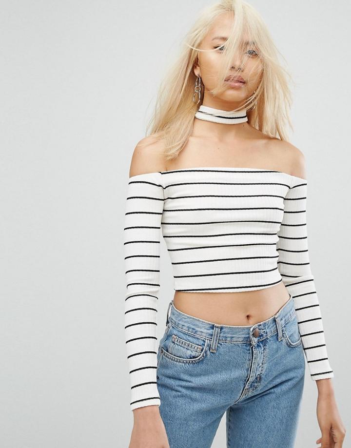 Arrive Bardot Stripe Crop Top With Collar - Multi