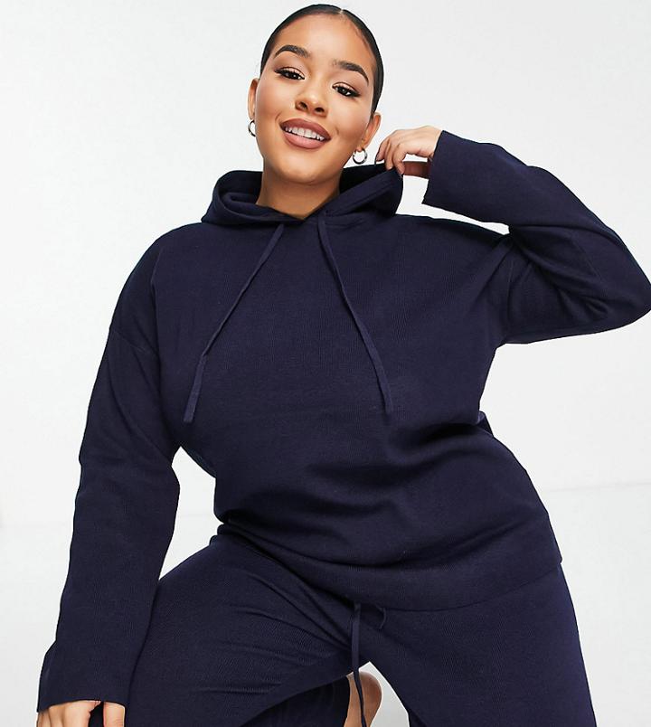 Fashion Union Plus Slouch Knitted Hoodie Set-navy
