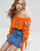 Asos Cotton Off Shoulder Top With Embroidery - Orange