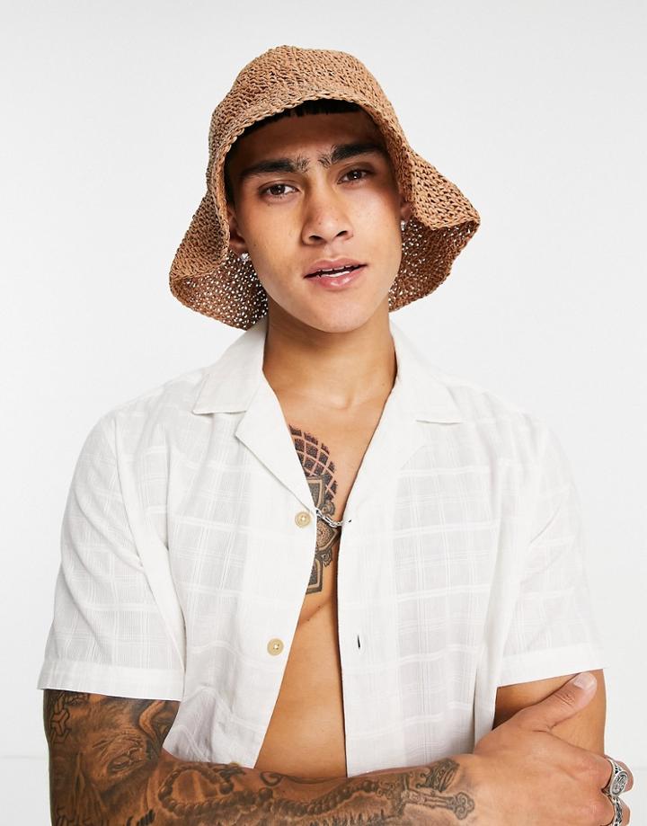 Asos Design Festival Straw Bucket Hat In Brown